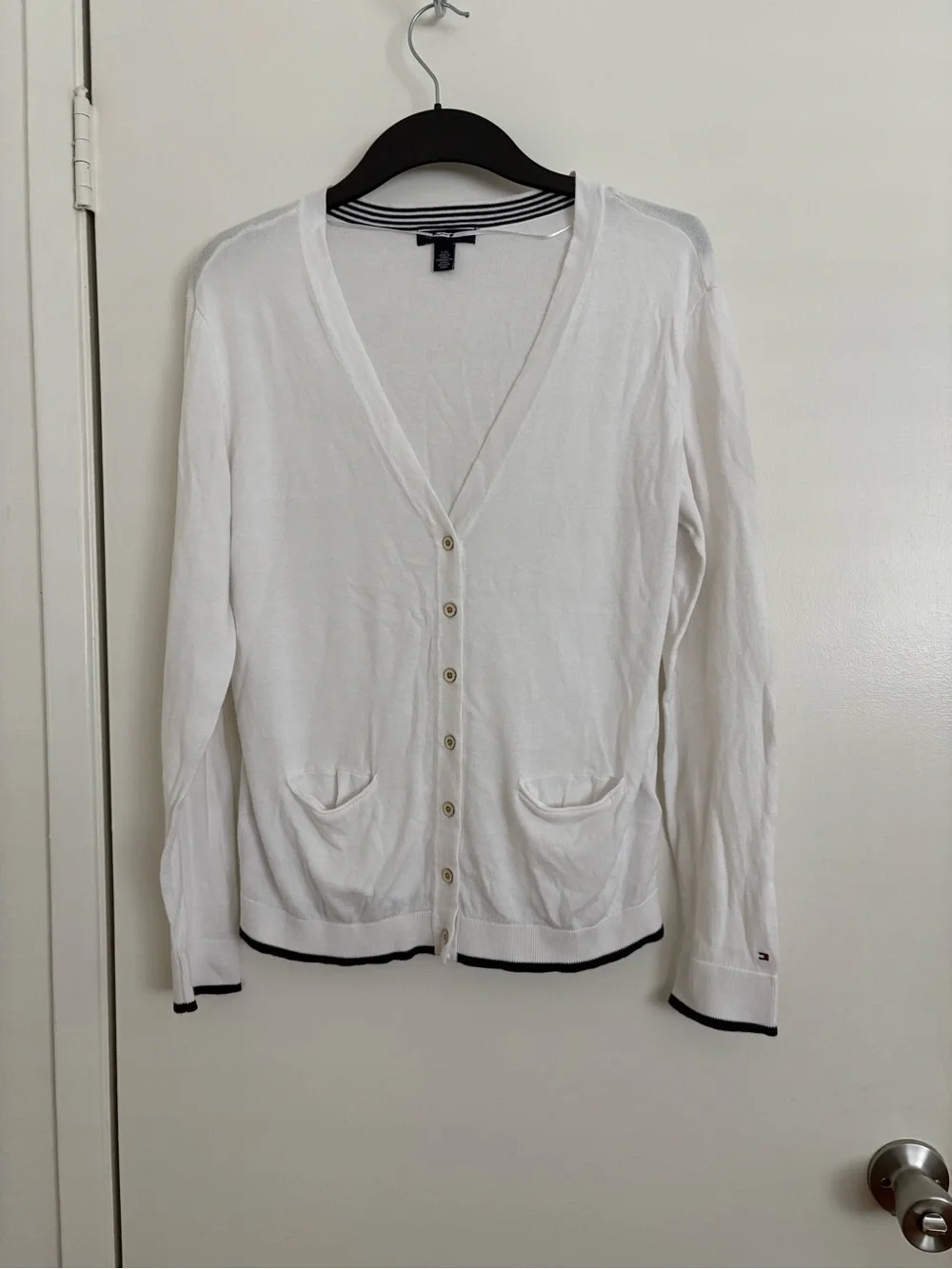 Tommy Hilfiger White V-Neck Button Cardigan with Navy Trim
